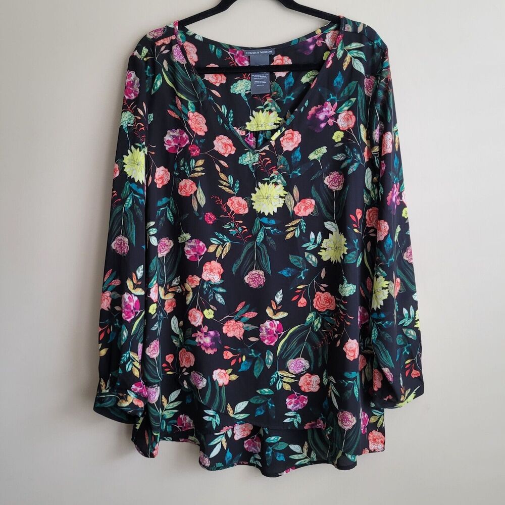 Chelsea & Theodore Womens Blouse Plus Size XXL Black Floral Print Crossover Hem